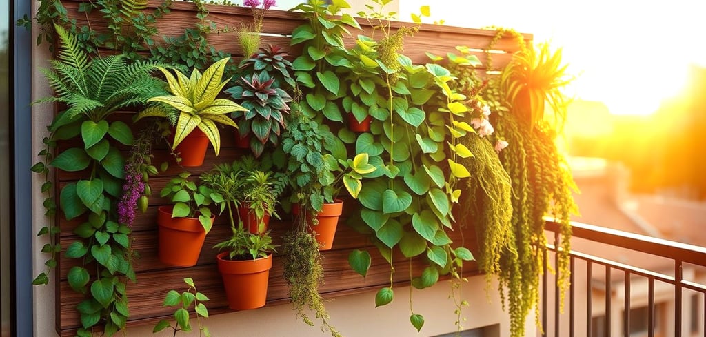 Jardim vertical em sacada pequena com painel de madeira, e plantas tropicais como samambaia e jibóia