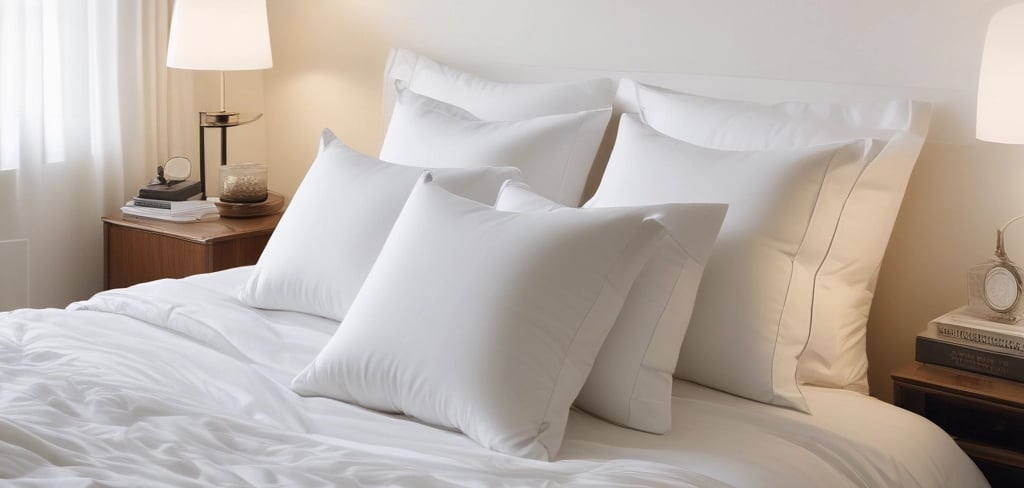 a bed with white sheets and pillows in a room