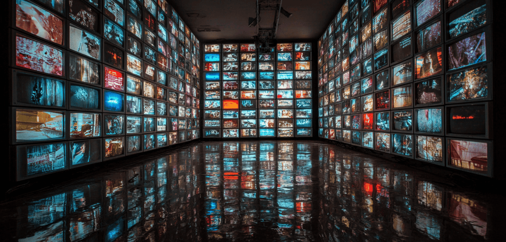 a room with multiple television screens and a large screen