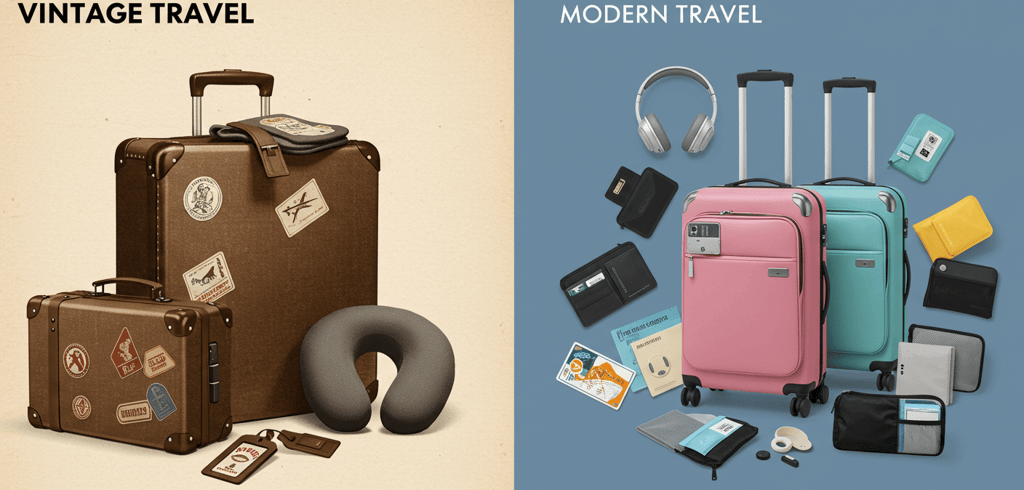 graphic of vintage travel accessories and modern travel accessories