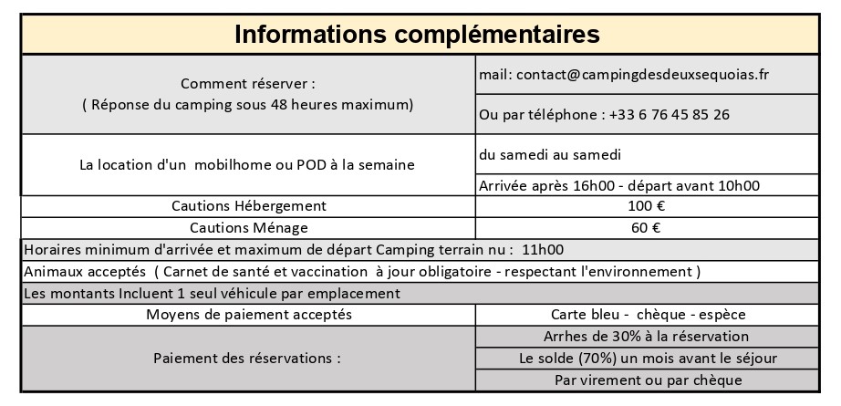 tarifs 2026 informations complémentaires