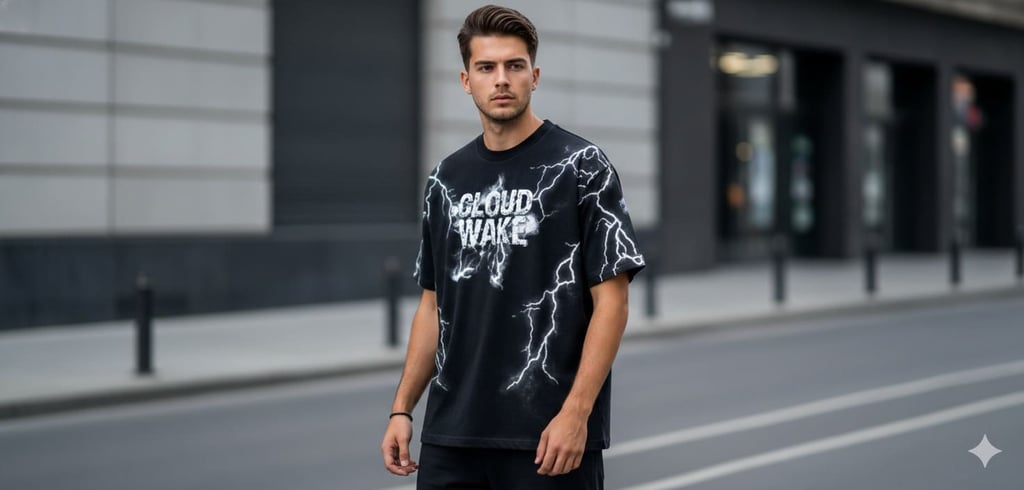 Hombre usando una playera negra Cloud Wake con diseño gráfico de rayo blanco en un entorno urbano.