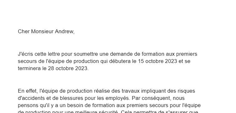 Lettre de demande de formation en secourisme