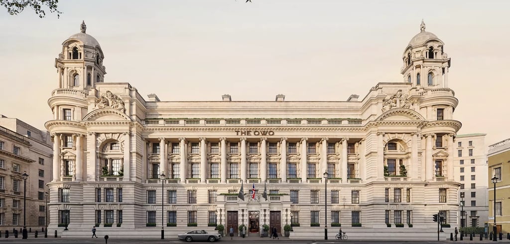 The grand facade of The Raffles OWO hotel in London, a luxurious heritage destination.