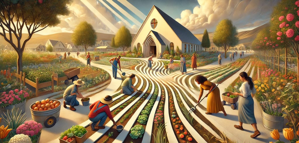 Uma comunidade acolhedora, com pessoas de diferentes idades e etnias trabalhando juntas em Fé cristã