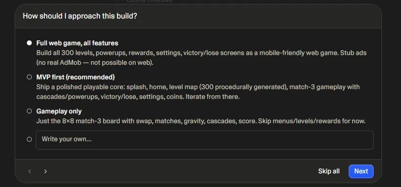 Lovable AI MVP selection screen used for building an application without coding.