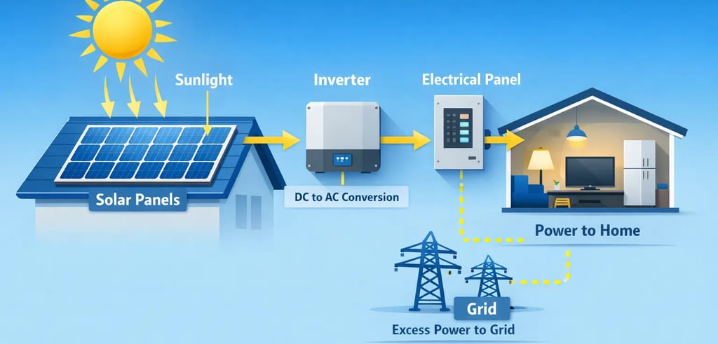 Solar panels converting sunlight into electricity on a home rooftop.