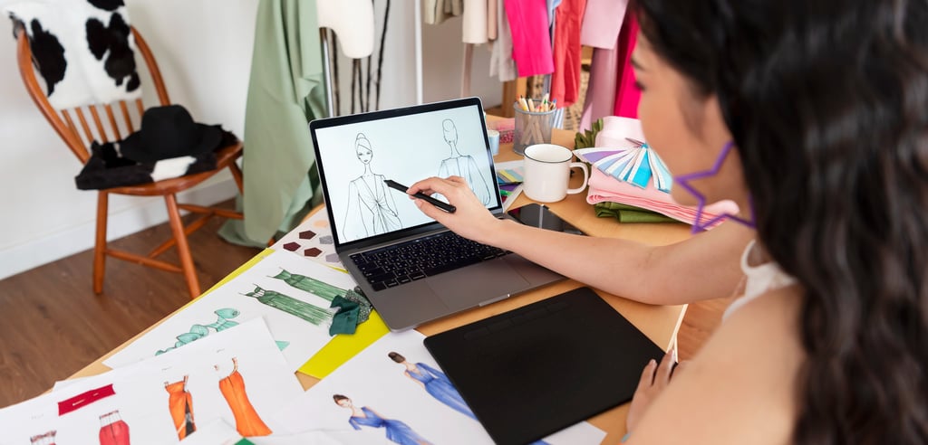 girl-making-illustration-on-laptop-with-sketches-lying-on-table