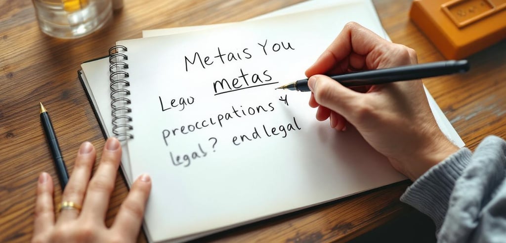 Forefront of a thoughtful person writing their legal goals and concerns.