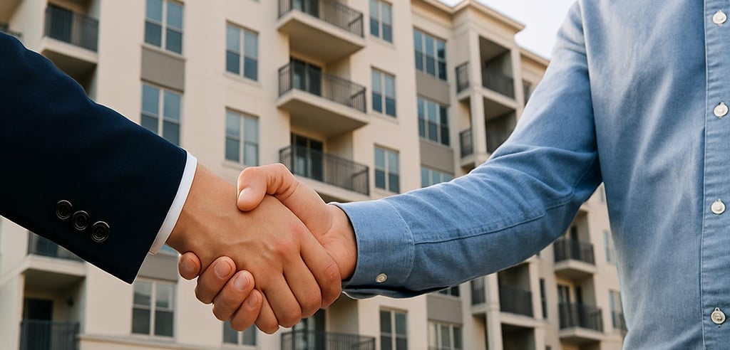 investors shaking hands infront of apartment building