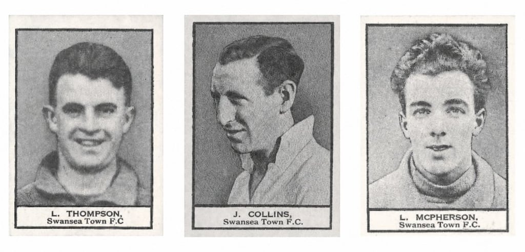 Vintage Swansea Town F.C. cigarette cards featuring players L. Thompson, J. Collins, and L. McPherson.