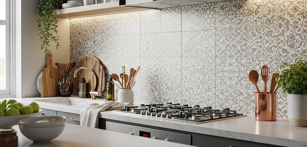 Cozinha moderna com backsplash de azulejos estilo Sevilha em tons cinza, unindo elegância e personal