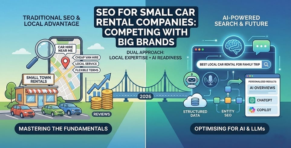 Split-screen infographic illustrating 2026 SEO strategies for small car rental companies.