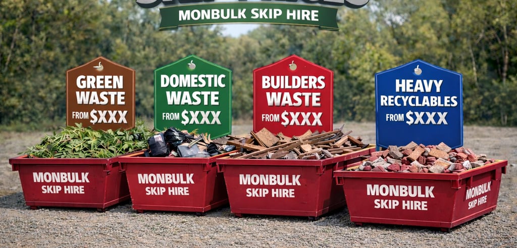 four skip bins with different waste categories written on them. Light waste, builders waste, green waste and heavy recyclable