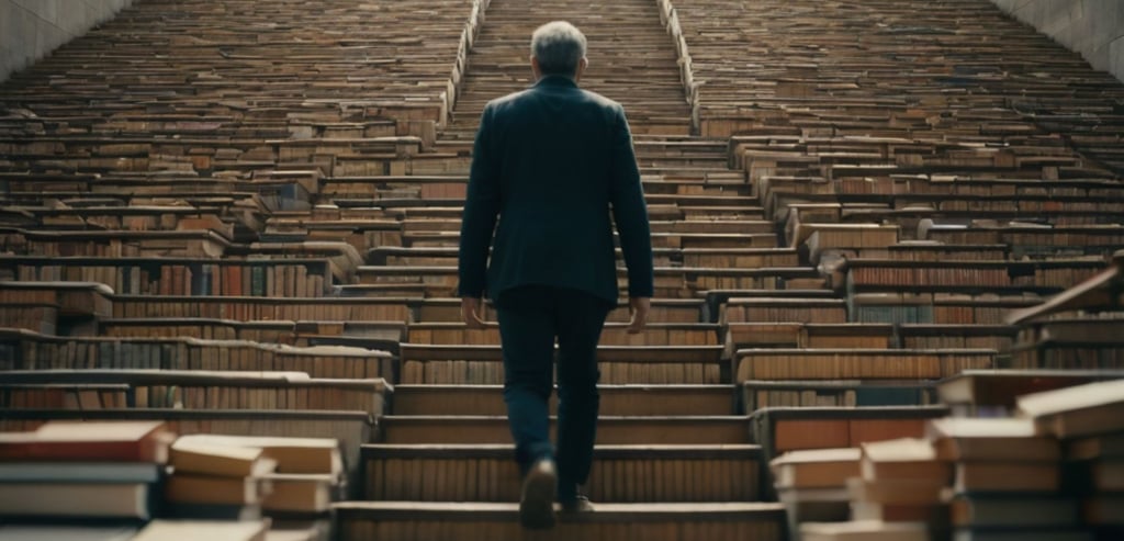 a man in a suit and tie walking up stairs of books
