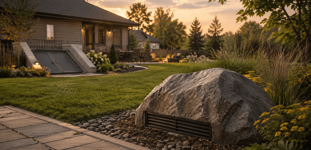 A large landscape rock with built-in ventilation sits in a lush backyard garden during sunset.