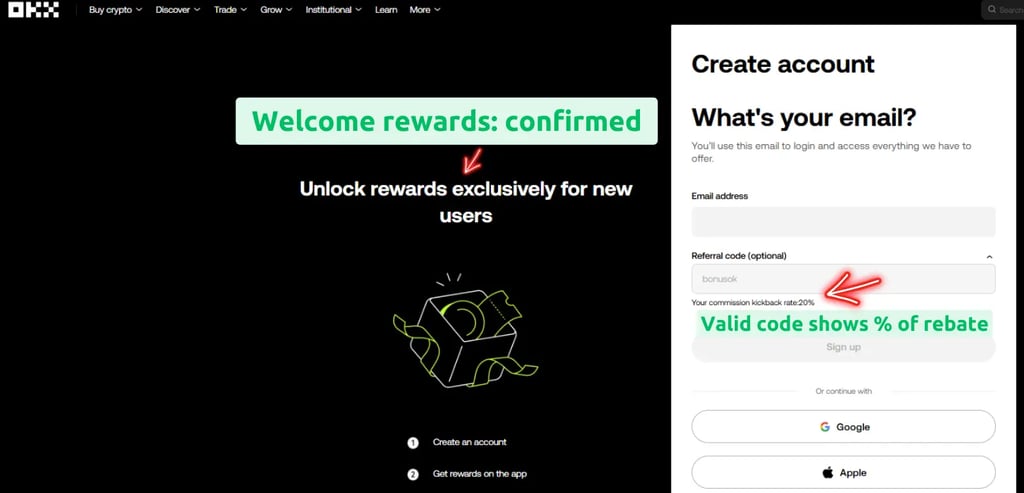 OKX registration page with valid and active referral code: max kickback rate 20%