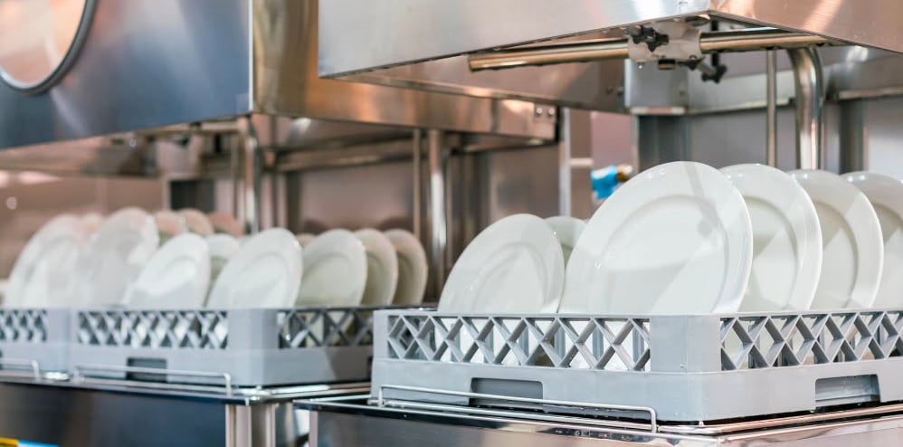 Commercial kitchen dishwasher with plate stand holding plates for drying, showcasing efficient dishwashing equipment for rest