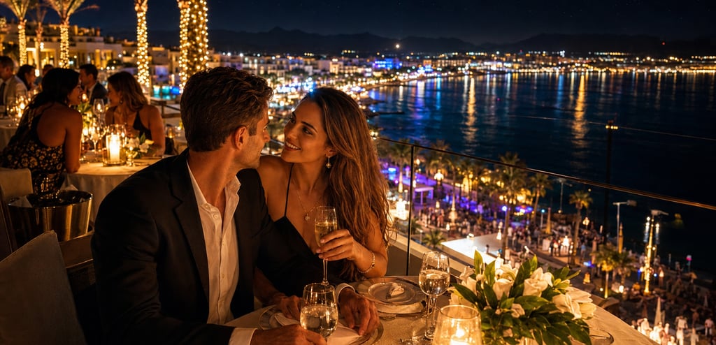 Couple enjoying a romantic rooftop dinner with champagne overlooking Sharm El-Sheikh at night.