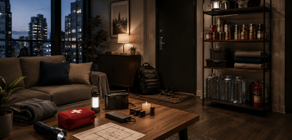 Emergency survival kit with first aid, food, and water stored in a modern apartment.