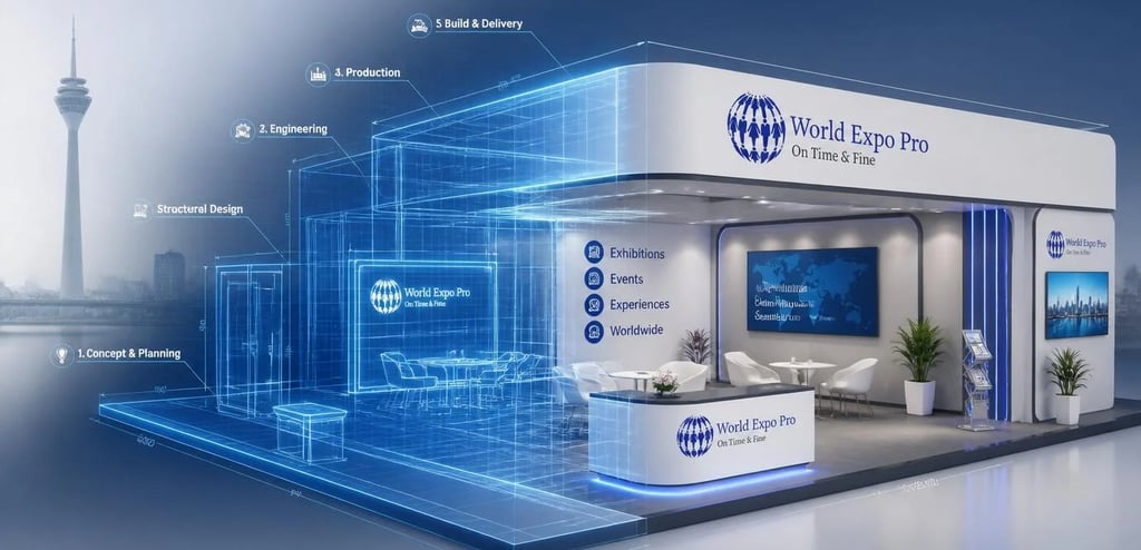 World Expo Pro custom exhibition stand design and build process from blueprint to final premium pavilion in Düsseldorf.