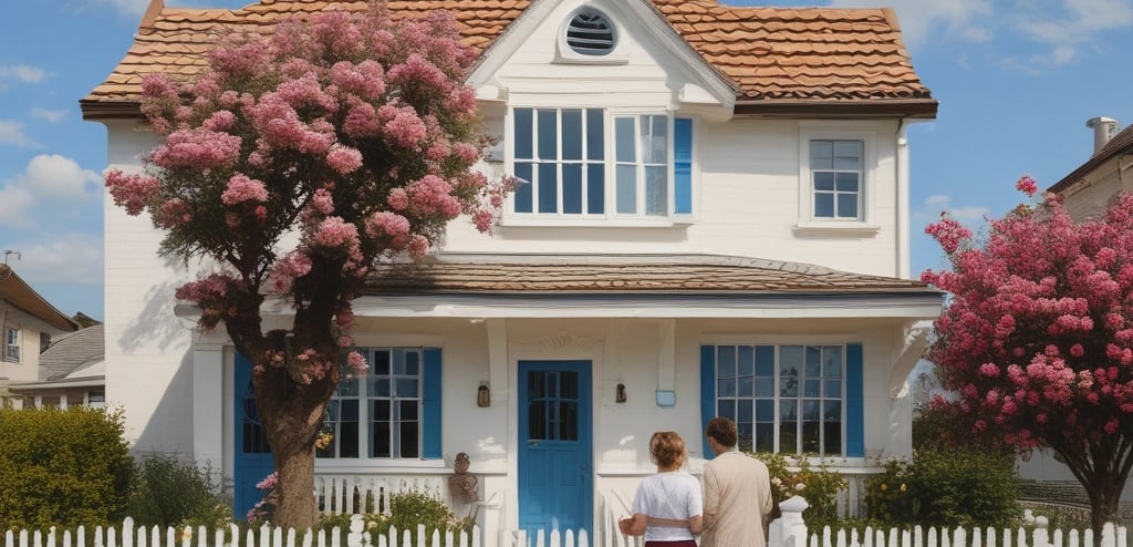 A warm photo of two friendly real estate agents smiling in front of a cozy apartment building.