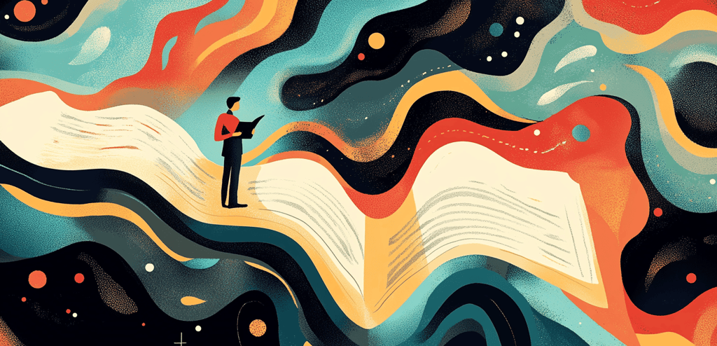 a man standing on a book with a book in the background