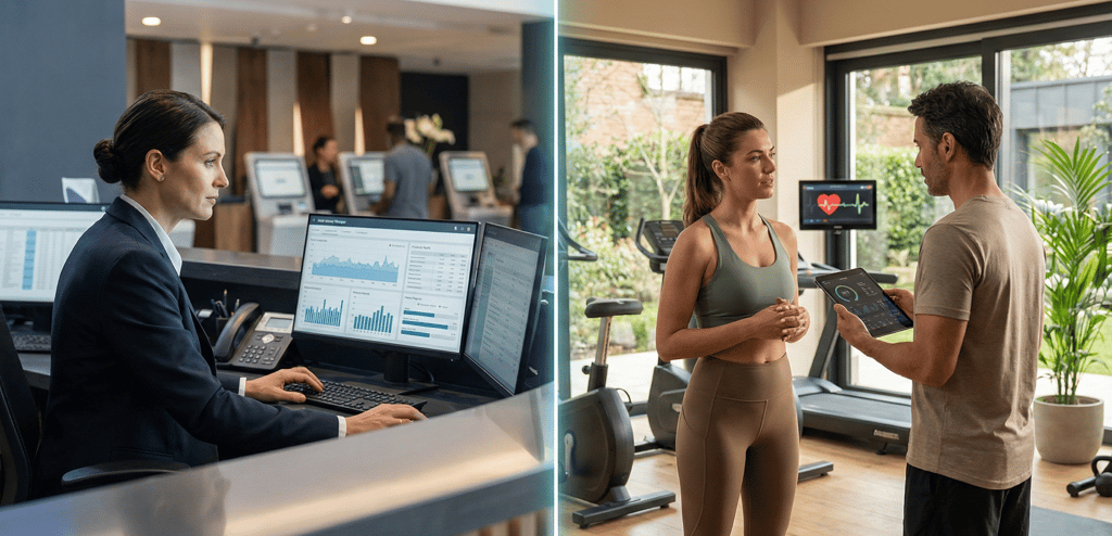 Hotel general manager reviewing revenue reports contrasted with wellness director consulting client