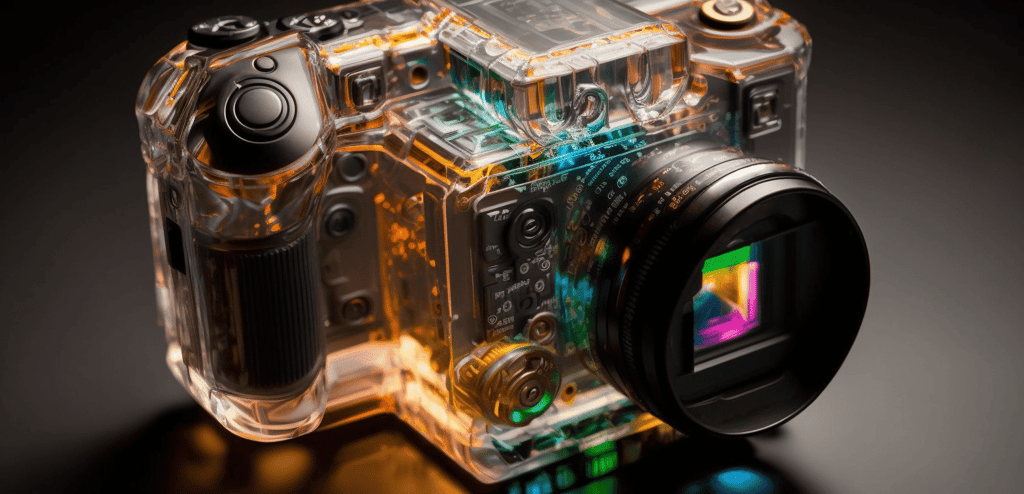 transparent plastic Illustration of a camera in the style of Y2K Aesthetic