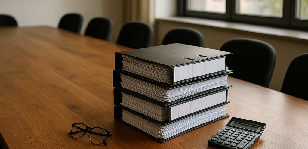 Segregatory, kalkulator i okulary na stole - PDU Polskie Doradztwo Ubezpieczeniowe