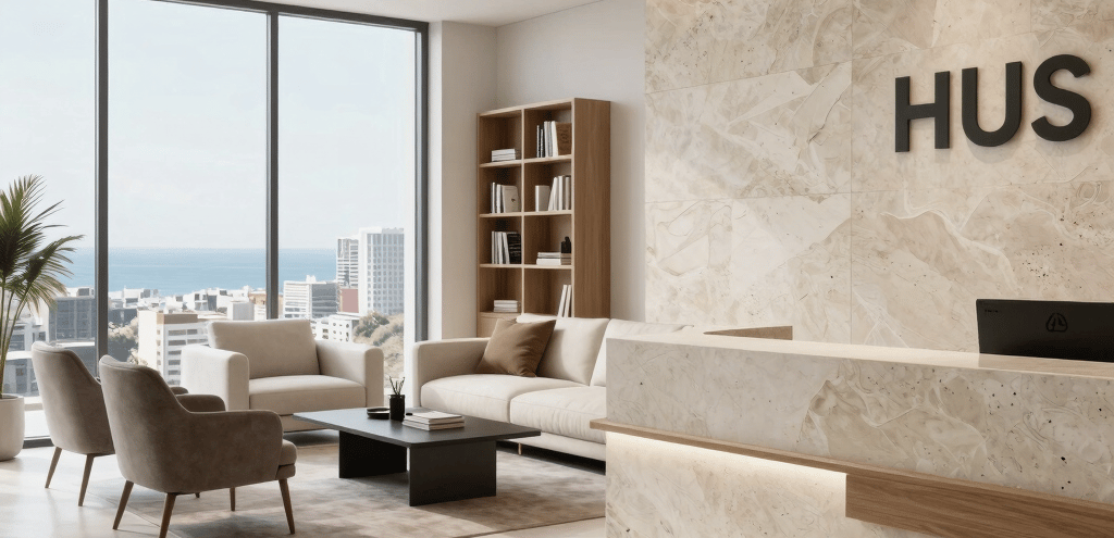 A sleek, modern office reception area with navy blue and gold accents reflecting a premium investment platform.