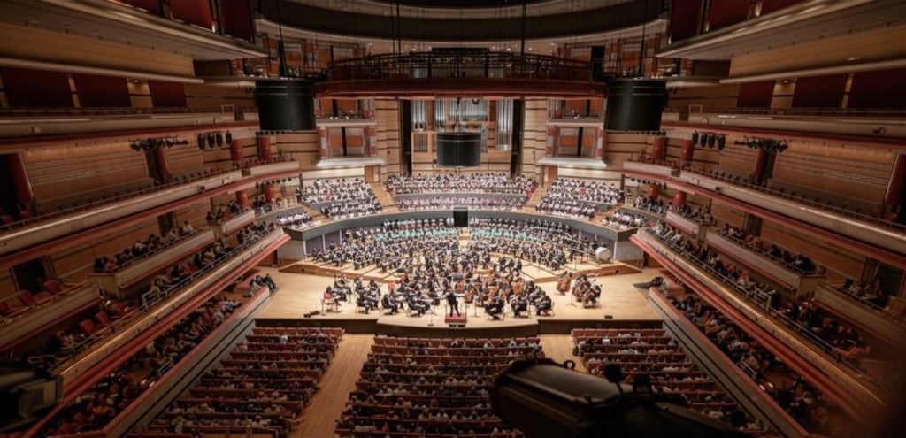 Symphony orchestra and choir performing Romany Wood on stage at Birmingham Symphony Hall