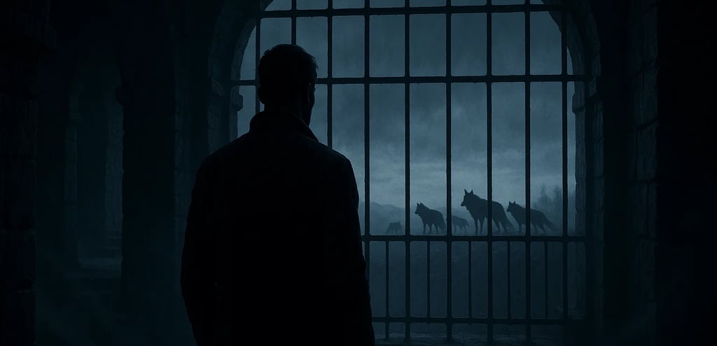 a man in a dark room with a window and a dog