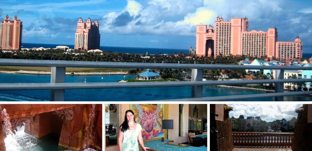 Autora no cassino do Atlantis Resort em Nassau, com a arquitetura temática ao fundo