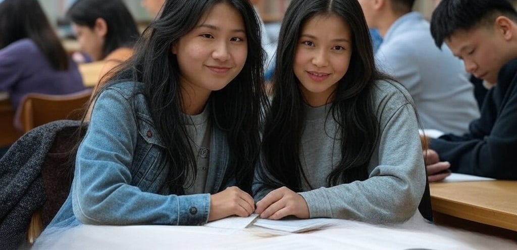 two girls sitting at a table with books and papers