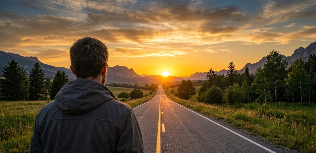 Homem olhando a estrada ao pôr do sol.
