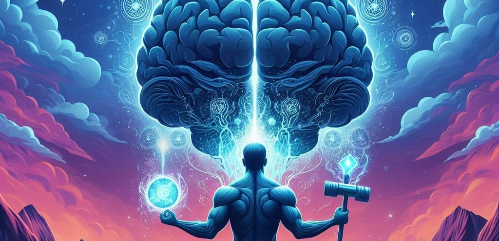 Mind over matter, image of a brain over a figure holding physical objects