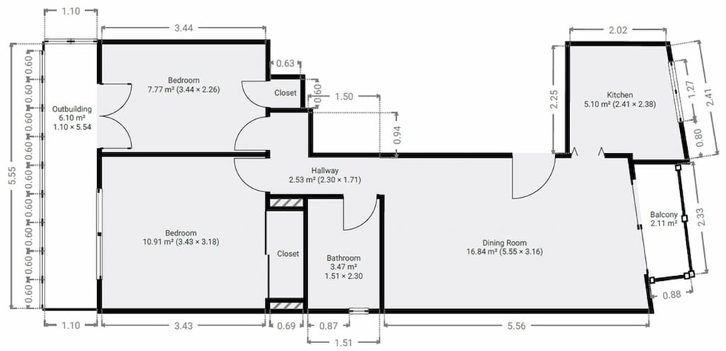 Plano en planta del departamento de 52 m² de 3 ambientes en CABA a remodelar - Distribución original