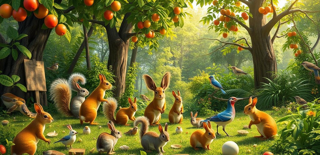 A vibrant food forest ecosystem teeming with diverse animals, including squirrels, rabbits, and vari
