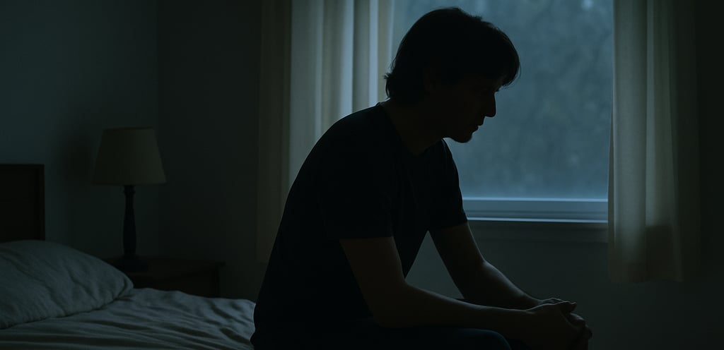A person sitting on the bed at night looking thoughtful and uncertain