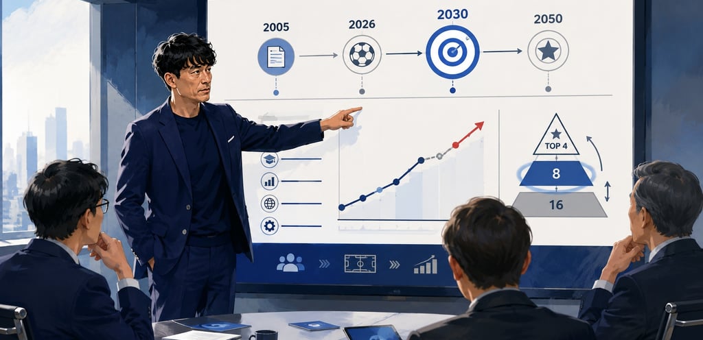 Illustration d'une réunion sur la stratégie du Japon pour la Coupe du monde 2030.