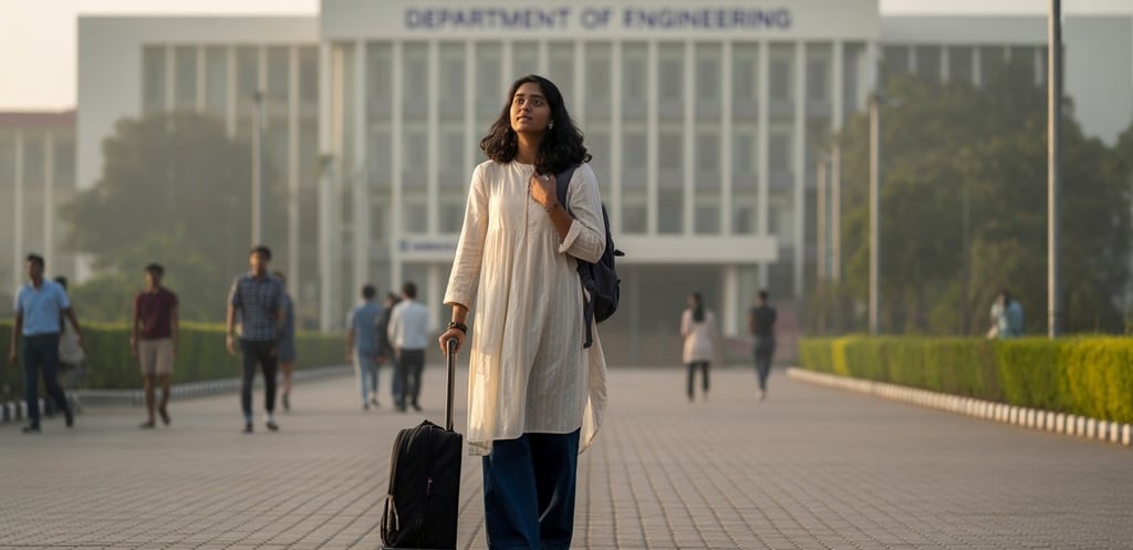 Young Indian woman standing with a trolley bag at a university campus in Coimbatore.
