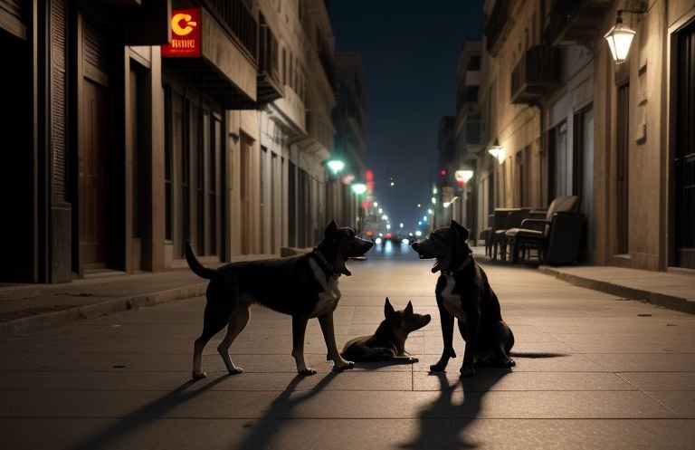 two dogs are sitting on the sidewalk in the city