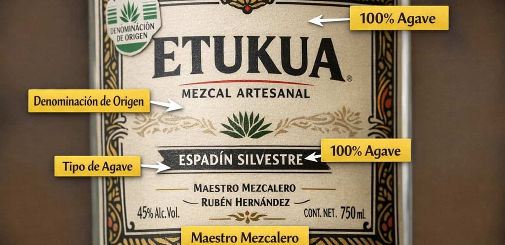  Primer plano de una etiqueta de mezcal artesanal Etukua, con flechas y llamadas que destacan los el