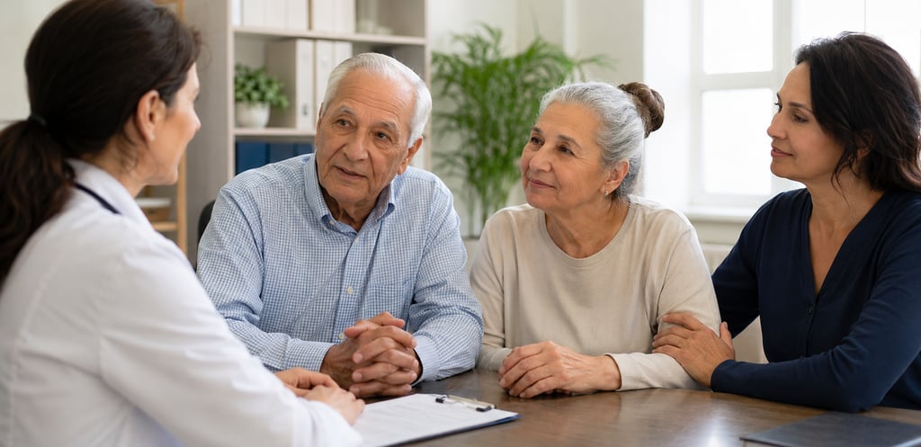 Casal de idosos em consulta com médico geriatra e familiar acompanhante