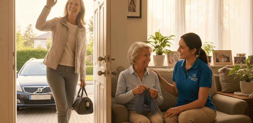 Professional in-home caregiver assisting a senior woman with knitting while a family member waves goodbye.