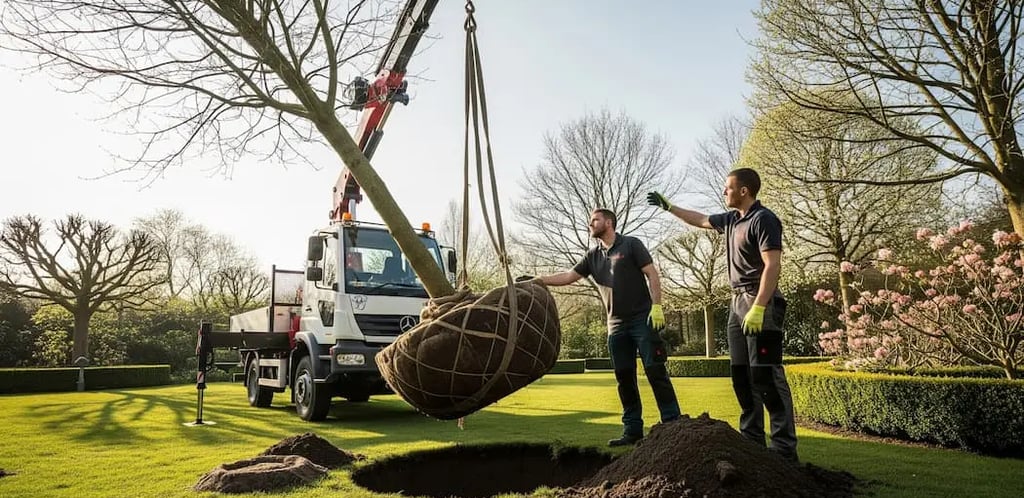 Transportando con camión grúa y plantando un gran ejemplar de Liquidambar pyramidal