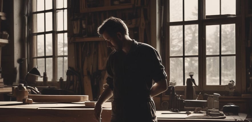 A close-up photo of Jim Duncan’s hands shaping a wooden art piece in his cozy workshop.