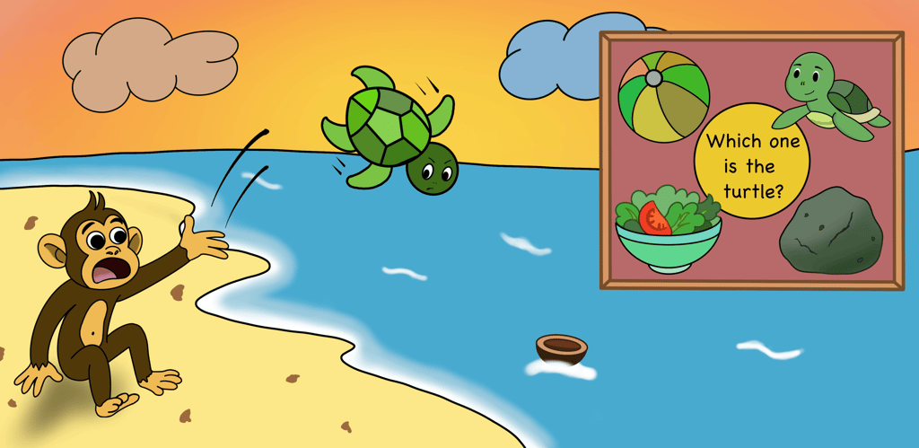 Chimpanzee tossing turtle into sea next to turtle quiz sign