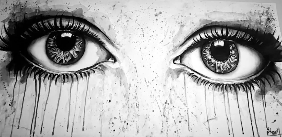 Black and white watercolor painting of expressive eyes with dripping ink and long lashes.